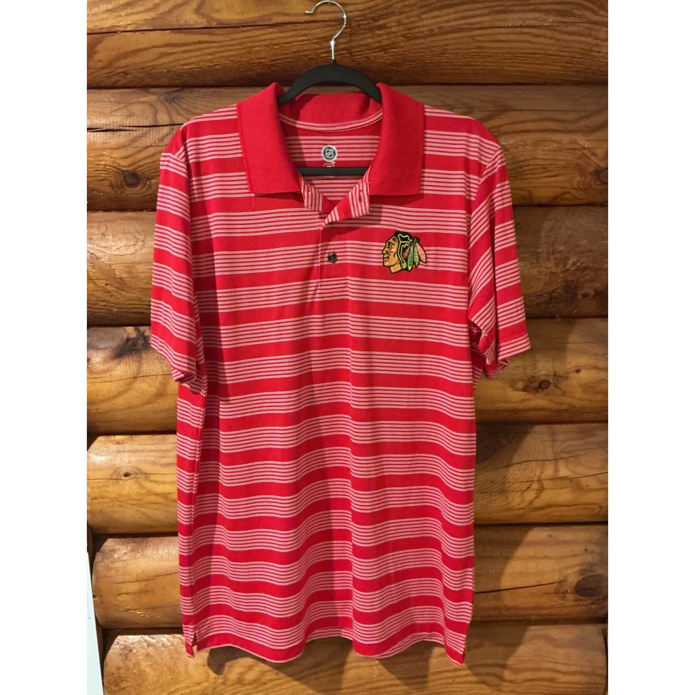 NHL‎ Chicago Blackhawks Mens Large Red Striped Short Sleeve Polo Shirt RN104648